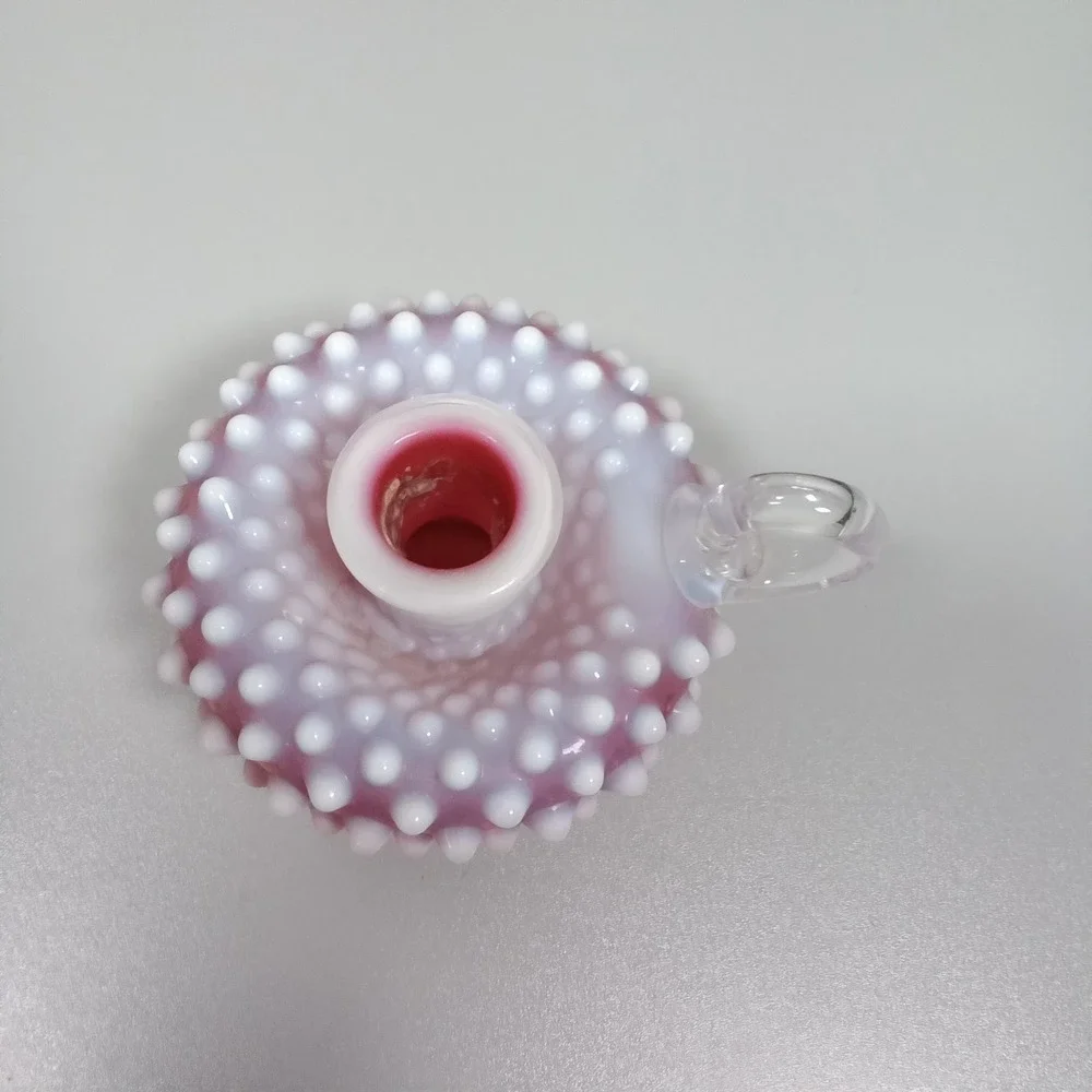 Vintage Cranberry Opalescent Hobnail Glass Candle Holder Chamberstick Pink White